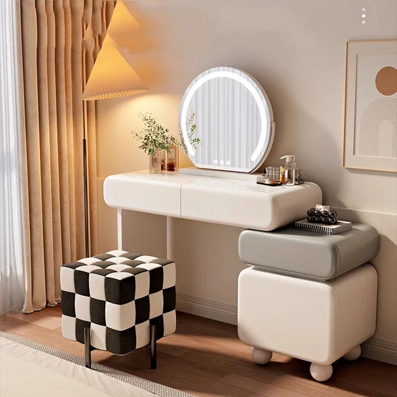 Table de maquillage en bois blanc, tabouret d'appartement pour filles, meubles de chambre à coucher esthétiques