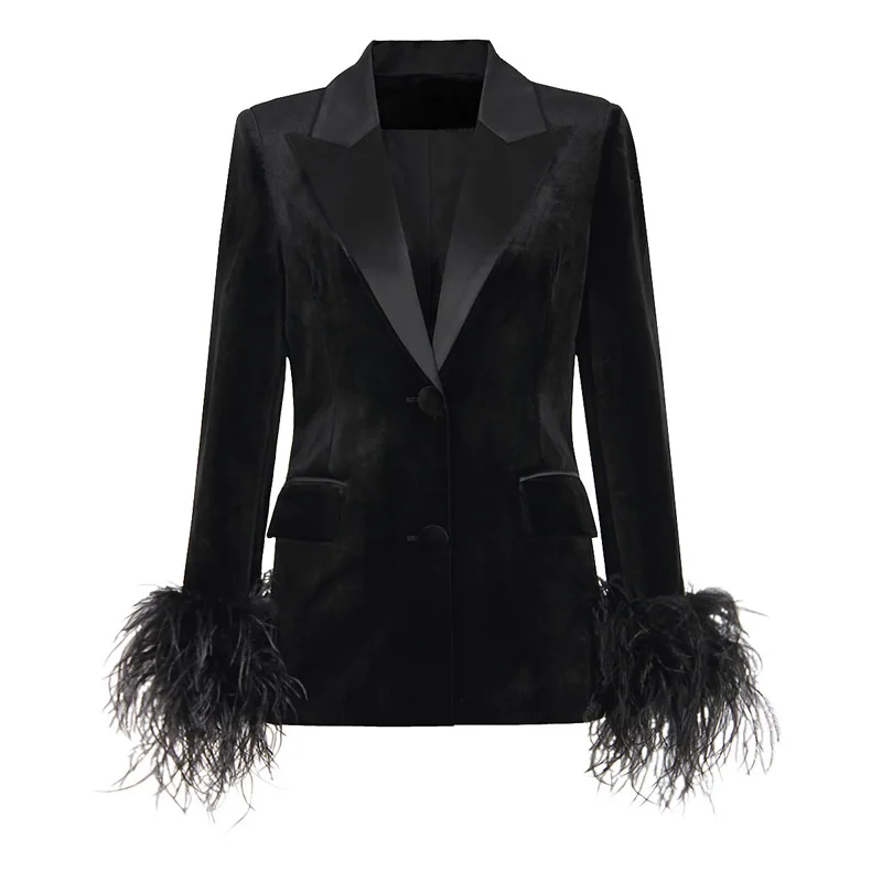 New Arrival Women Black Suit Coat Feather Long sleeve Turn-down Collar Suit Coat