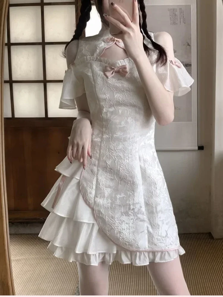 

Sweet Cheongsam Dress Women Y2k Lolita Slim Waist Irregular Ruffled A-line Short Dresses Sexy Fashion Party Vestidos