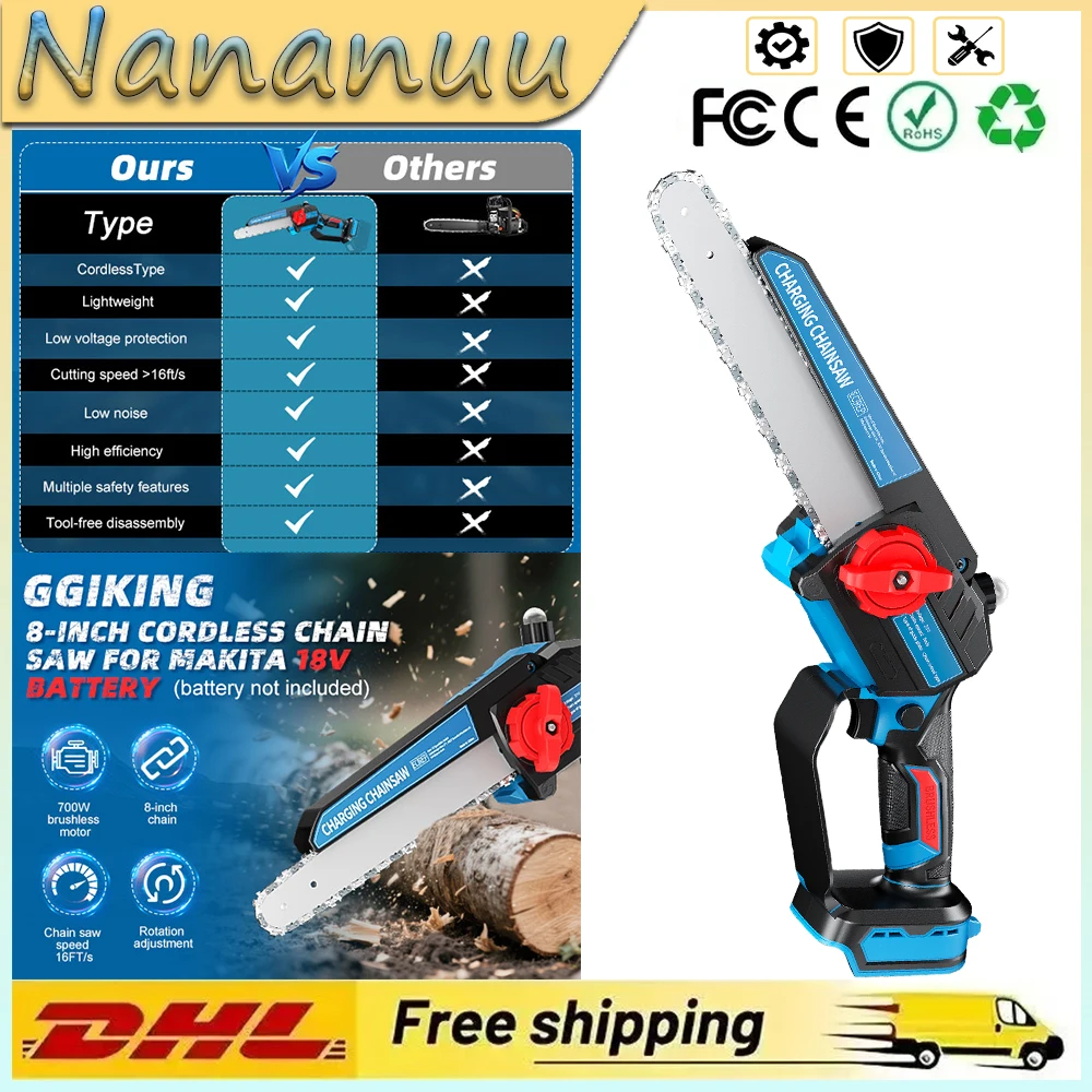 Nananuu Brushless 8 pollici Motosega Elettrica Cordless Ricaricabile Potatura Sega Lavorazione Del Legno Attrezzo Elettrico Da Giardino Per Batteria 18V
