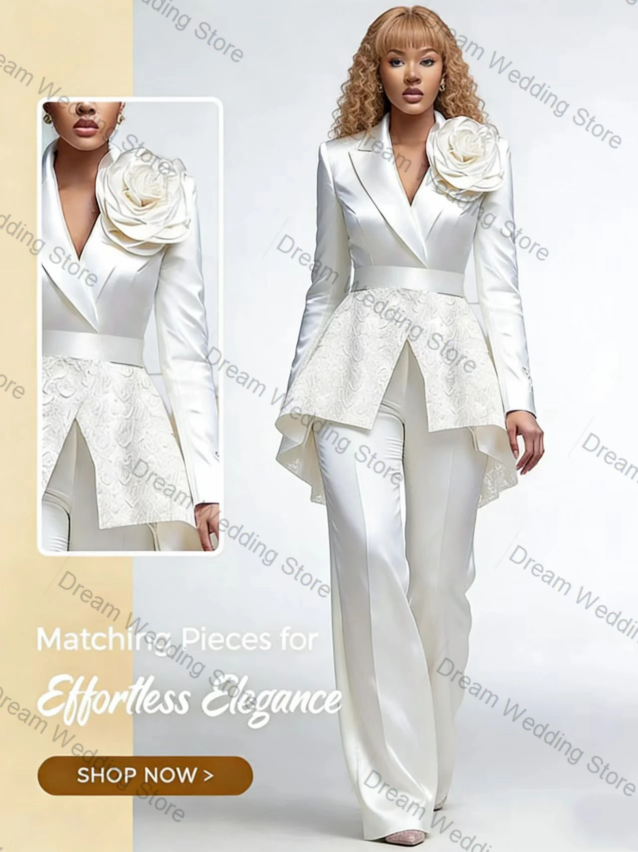 

White Women Suit Set 2 Pcs Hi-Lo Blazer+Pants Trousers 3D Flower Formal Office Lady Jacket Customized Wedding Guest Coat