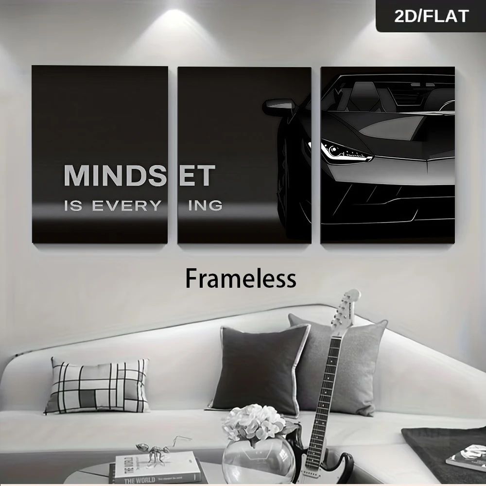 1 Set Modern Minimalist triptych frameless Wall Art, Sports Car Theme Black Inspirational Slogan for Living Room Study, 2Dflat