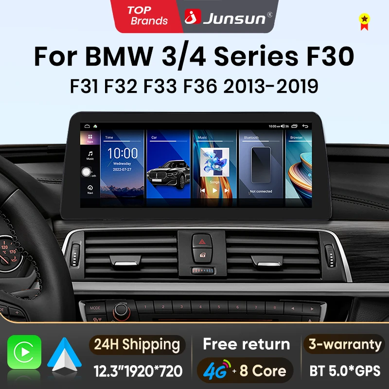 Junsun 1920*720 Bezprzewodowe CarPlay i Android Auto Radio Samochodowe do BMW Serii 3/4 F30 F31 F32 F33 F34 F36 2013-2019 NBT EVO Inteligentny System Multimedialny Stereo Nawigacja GPS
