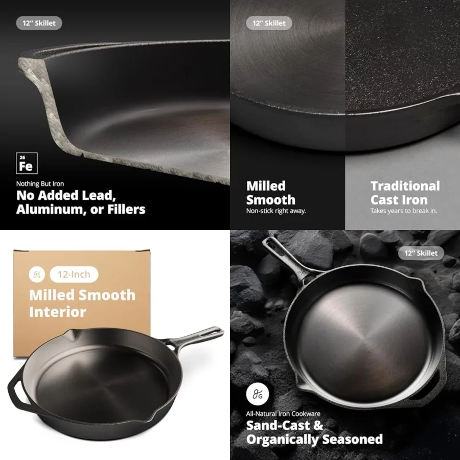 

Cast Iron Skillet, Cook Like a Pro with Smooth Milled, Organically Pre-Seasoned Skillet Surface, 12-Inch, Designed in St. Louis