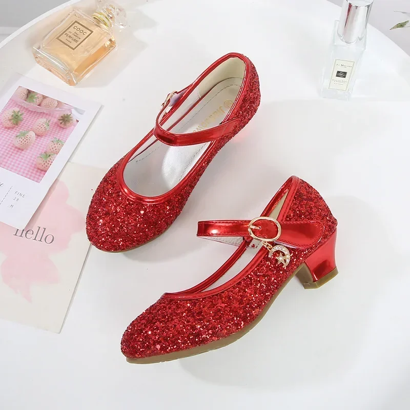 Girls Purple High Heels For Kids Princess RED Leather Shoe Footwear Children\'s Party Wedding Shoes Round Toe 1-3CM