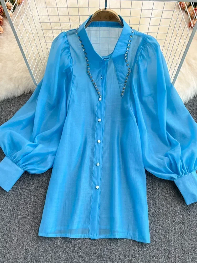 

New Blouse Female Beaded Diamonds Lantern Sleeve Single-breasted Fashion All-match Lapel Shirt Spring Temperament