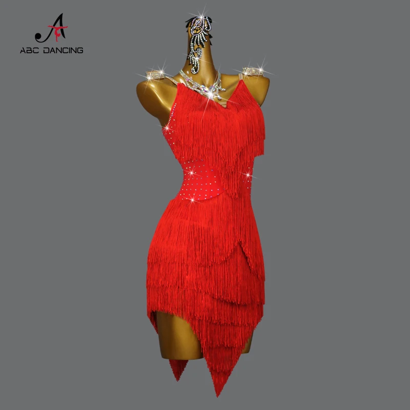 New Red Latin Dance Fringe Dress Senior Professional women's Performance gonna corta Outdoor Costume Sexy spedizione gratuita Wear Cha Nuovi prodotti e serie Personalizzazione Avanzata Abito da Ballo Unico Internaziona