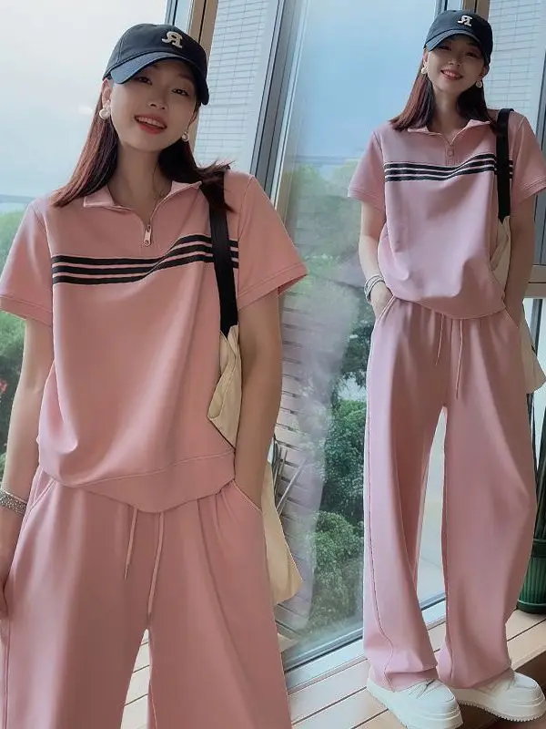 plus Size Sportswear Set Women Summer New Stand Collar Short Sleeve Top Wide Leg Pants Two Piece Set Casual Comfortable Fashion