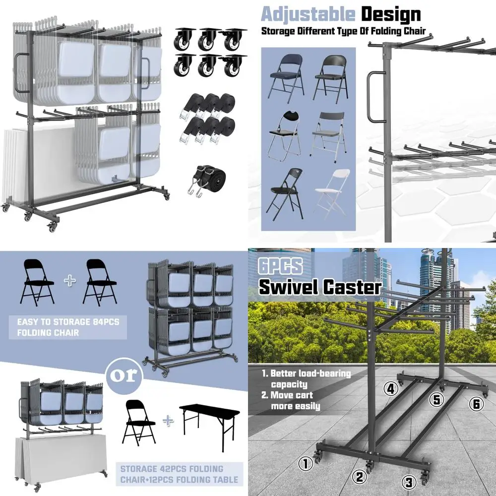 طاولة وكرسي قابلة للطي بطبقتين مع 6 عجلات دوارة، سعة 800 رطل، رف وأشرطة للتخزين #1