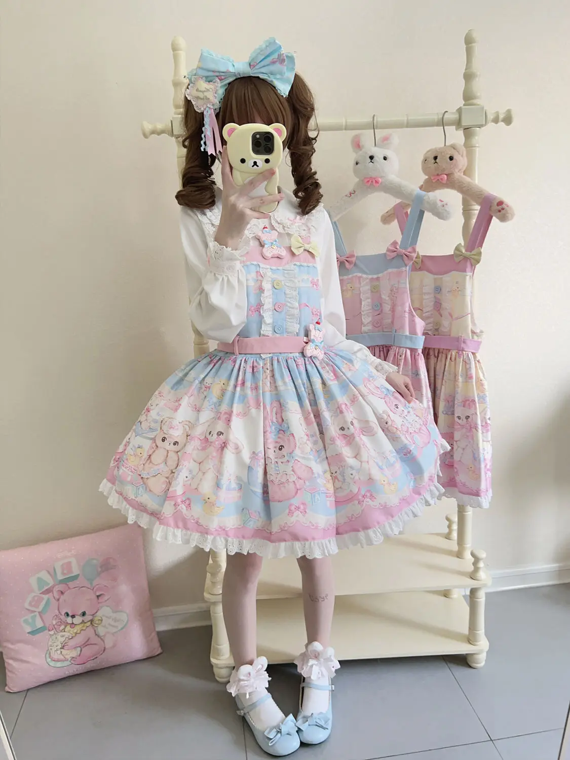 Japanese Sweet Dream Jsk Lolita Dress Kawaii Cute Bear Print Bow Lace Strap Dresses Girl Harajuku Princess Mini Dress