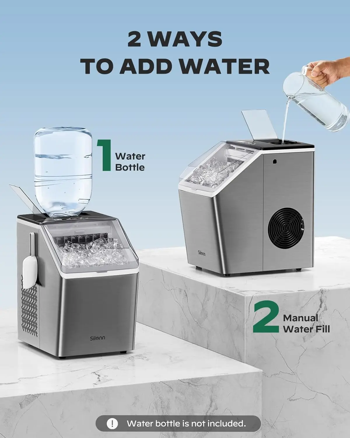 Silonn Ice Maker Arbeits platte, 44 Pfund pro Tag, 2 Möglichkeiten, Wasser hinzuzufügen, automatische selbst reinigende Edelstahl-Eismaschine für den Heimgebrauch