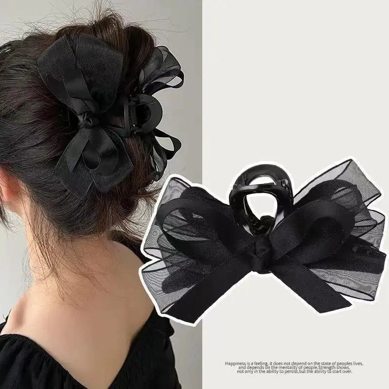 Hochwertige schwarze transparente Haarspange mit Schleife, elegantes Haar-Accessoire für den Hinterkopf. – Detail 2