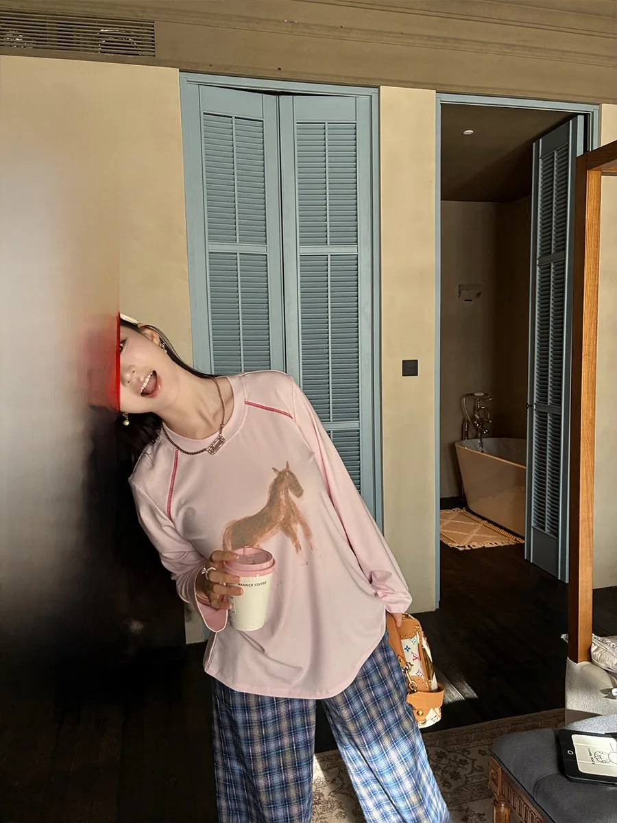 

Свободная женская футболка из лиоцелла с вишневым принтом, круглым вырезом и длинными рукавами, повседневный комфортный модный зимний топ