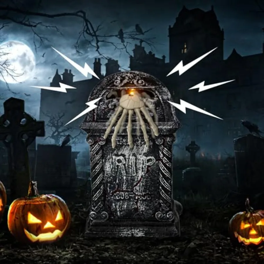 

Animated Halloween Tombstone Decoration Lighted Gravestone with Creepy Voice Spooky Skeleton Retractable Light Up Arm Scary Mot
