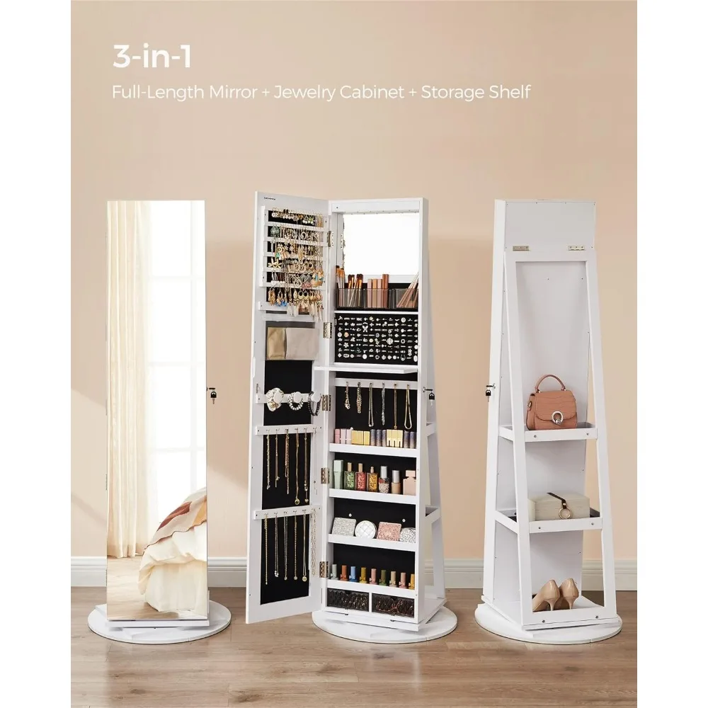 Standing Jewelry Armoire,6 LEDs Lockable Mirror,360° Swivel,Frameless Full-Length Mirror,3 Storage Shelves,mirror Cabinets