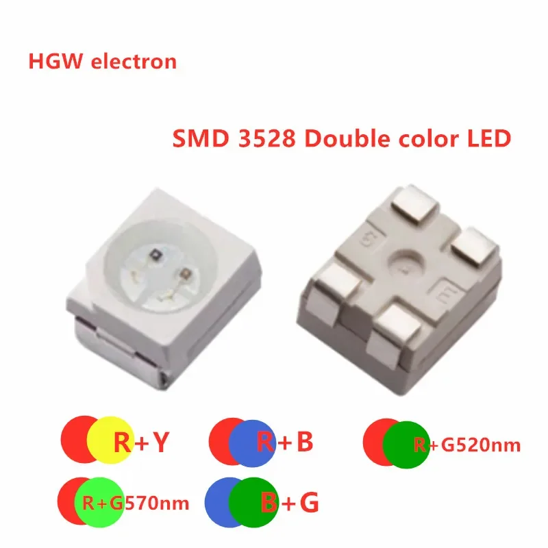 20PCS 3528 BICOLOR LED RED+WHITE R+ BLUE R+GREEN R+Yellow BLUE +GREEN 520NM R+YG 570NM (Same Polarity)