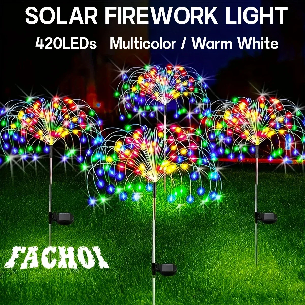 New 8-Modes Solar Firework Lights, 200 LEDs - Multicolor, Warm White, IP65, Ideal for Garden, Patio, Party, Wedding Decor