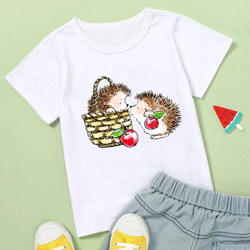 Cute cartoon hedgehog t-shirt para crianças, roupas casuais para bebês e meninas, tops engraçados para crianças, verão