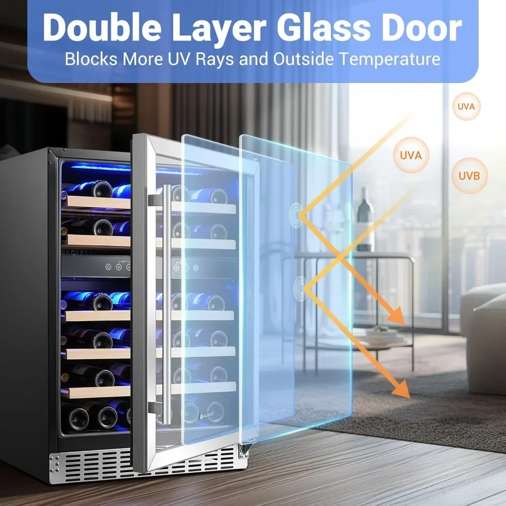 Wine Fridge with Double-Layer Glass Door and Safety Lock, Digital Temperature Control, Freestanding and Built-in, Wine Cooler