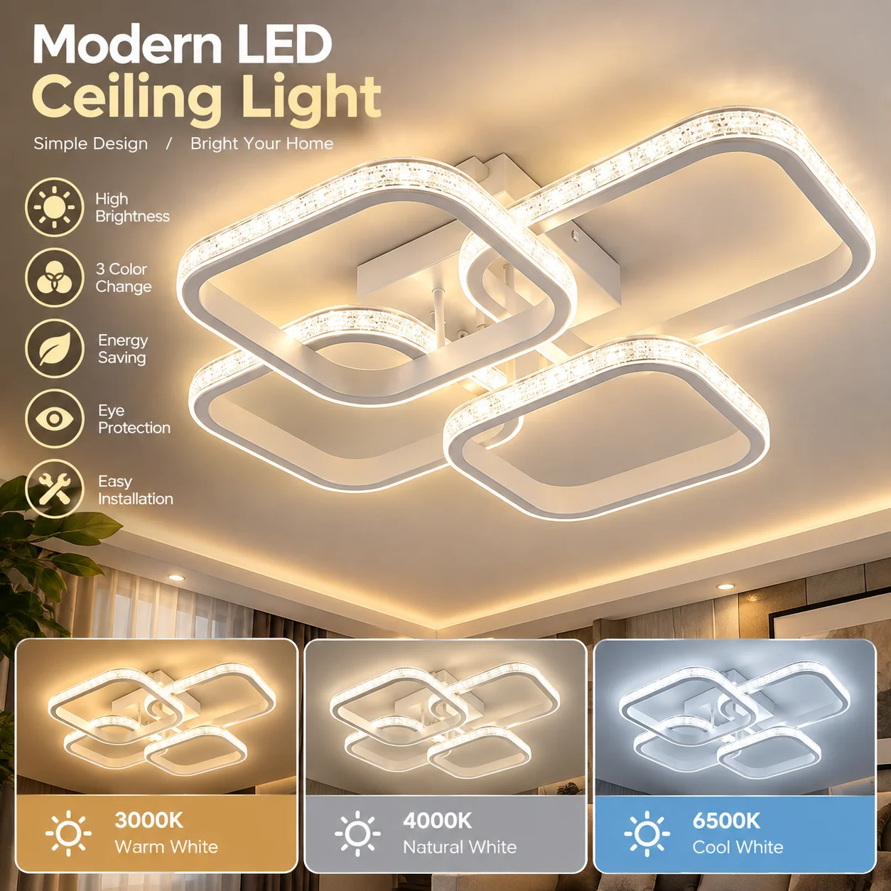 Hzralicth LED Aisle Ceiling Lights - Nodic Style Surface Mounted 3-Color Lighting for Bedroom Living Room Corridor Home Lighting