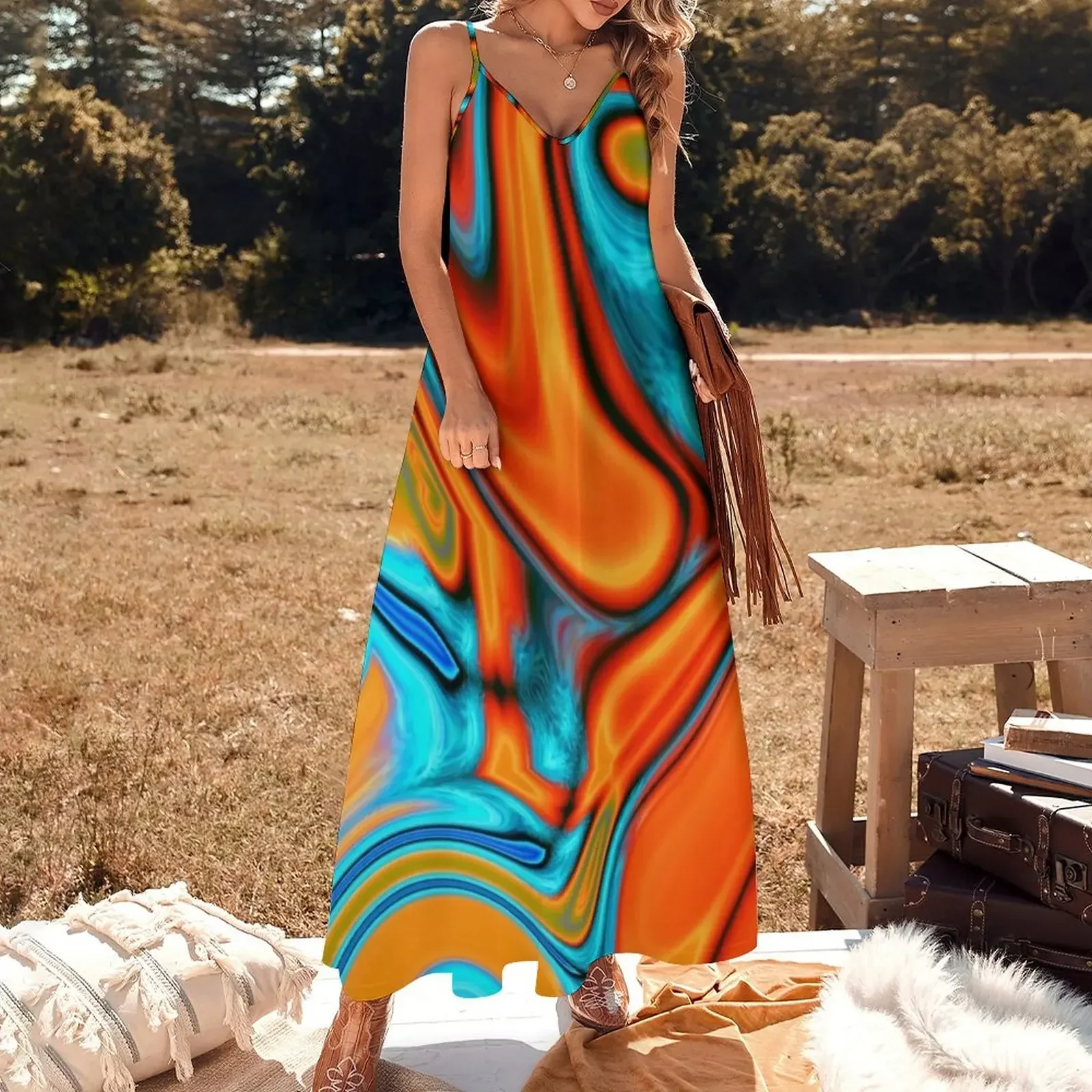 vivid modern Southwest hipster turquoise orange swirls Sleeveless Dress women's evening dresses 2025 Dress vintage Dress