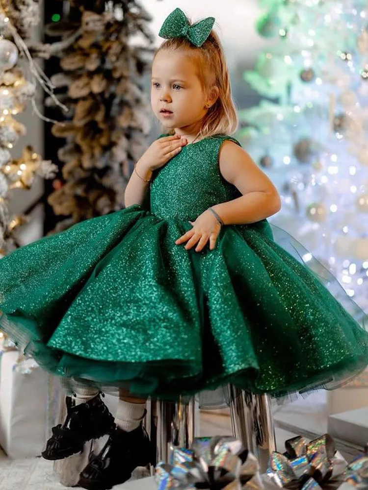 Vestido verde de flores con cuello redondo para niña, vestido de boda de satén brillante, tul hinchado con lazo, manga corta, baile de cumpleaños, primera comunión