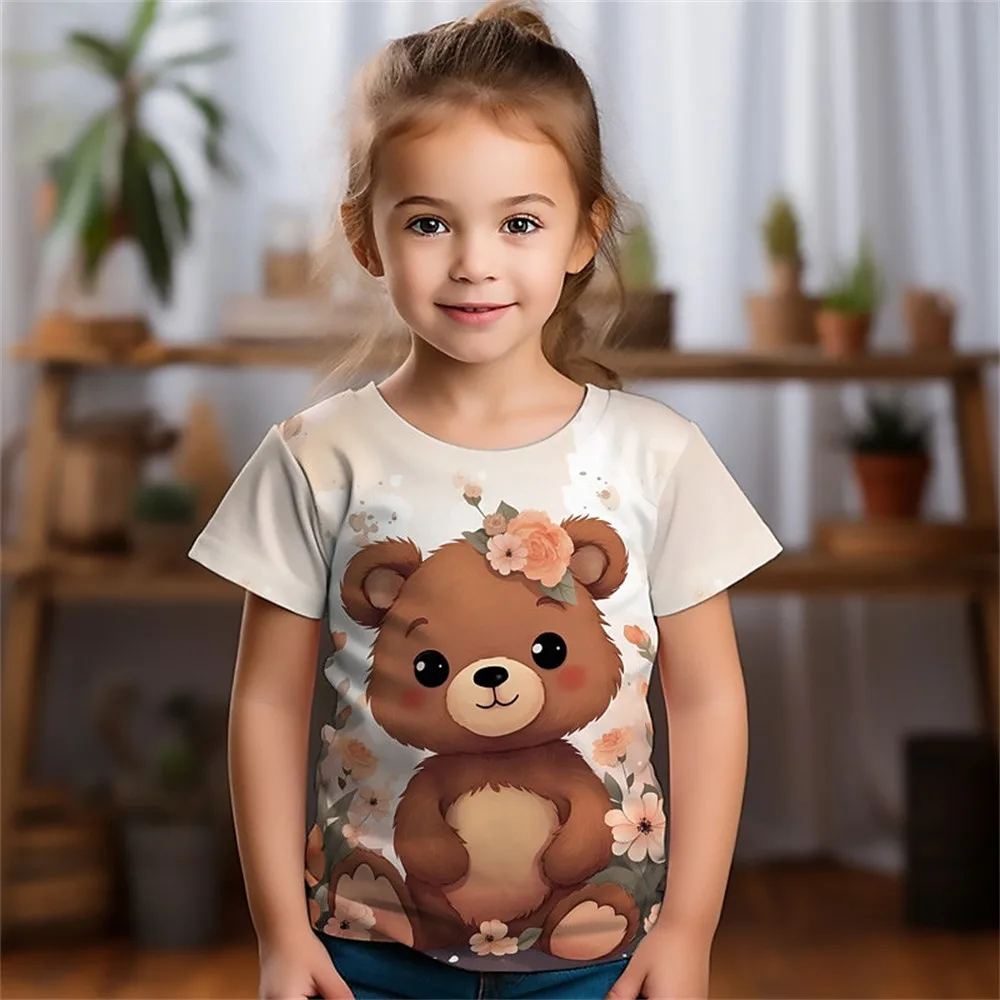 Girl Clothes Children T-Shirt Short Sleeve Bear 3D Print Kids Summer Clothes Fashion Kawaii Round Neck Boy Clothing Girl Top Tee