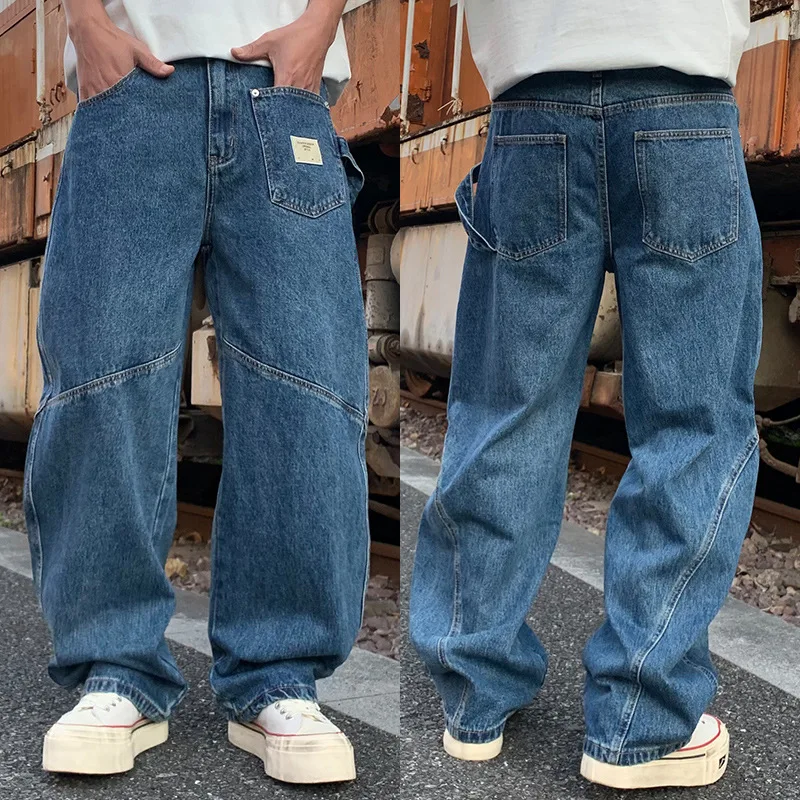 

Spliced Straight Jean Men High Waist Jeans Zipper Fly Full Length Denim Pants Loose Pockets Solid Washed Distressed Autumn