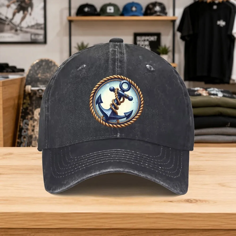 Nautical Anchor Print Washed Baseball Cap Unisex Cotton Casual Outdoor Sun Hat for Daily Wear