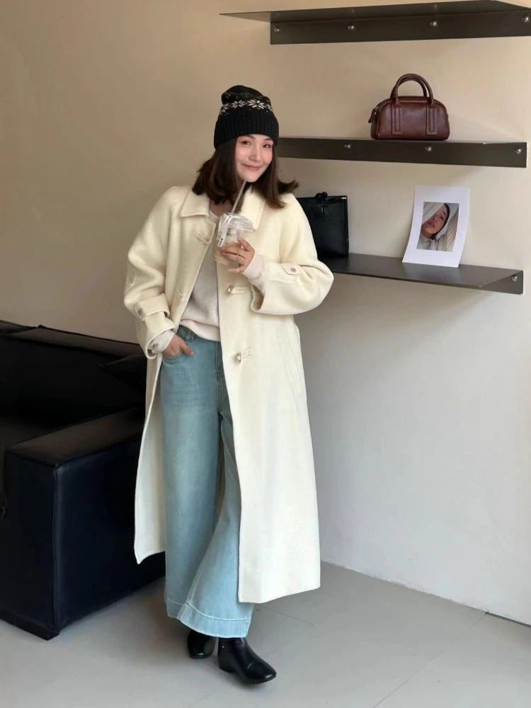 الشتاء النساء معطف الصوف دمية طوق صف واحد واق من المطر على الوجهين الصوف سترات فضفاضة الخصر الدانتيل متابعة رشاقته معطف طويل خندق