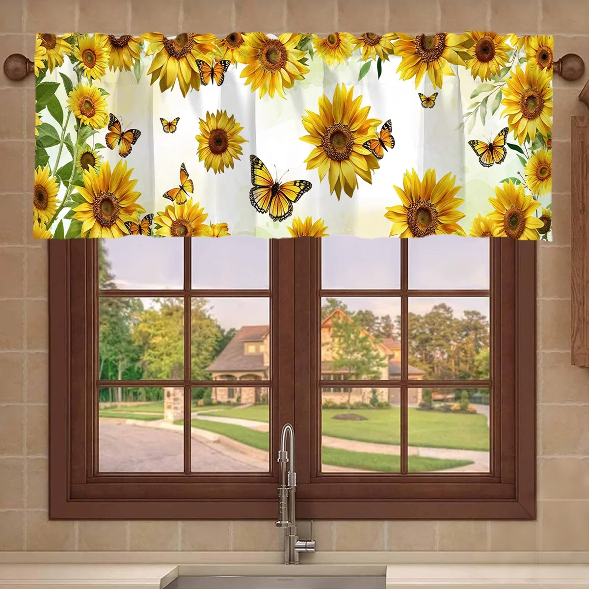 Sun Flower Printed Window Short Curtain Spring Flower Valance Treatment Farmhouse Home Decor Living Room Kitchen Decoration