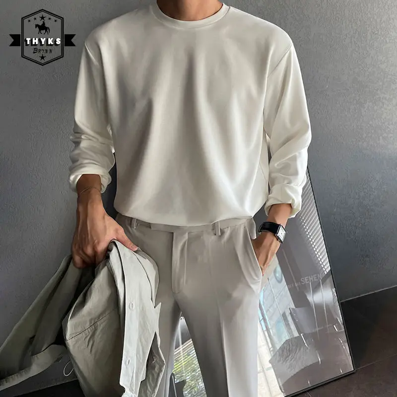 

Korean Cotton Solid Pullover Men Streetwear Loose Simple Long Sleeved Shirt Male Fashion Classic Harajuku Casual Bottoming Shirt