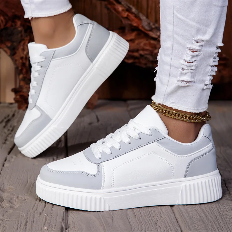 

Women Casual Shoes PU Leather Lace Up White Sneakers Walking Female White Flat Board Shoes Thick Sole Outdoor Luxury Fashion