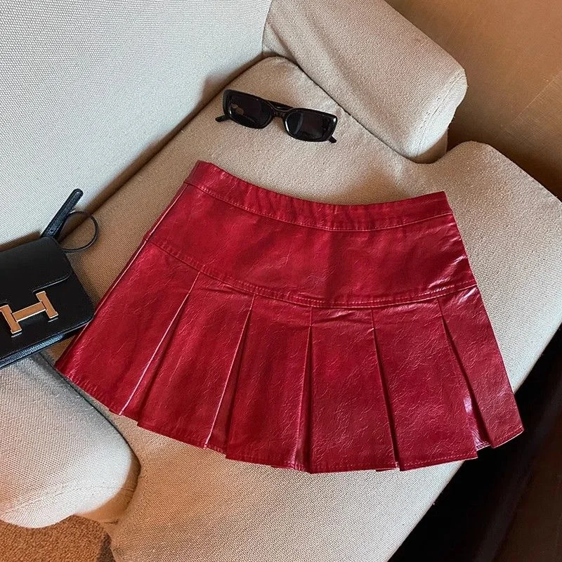 Pu Leather Mini Skirts Women Streetwear High Waist Pleated Skirt Vintage Korean Black Slim Casual A Line Skirts