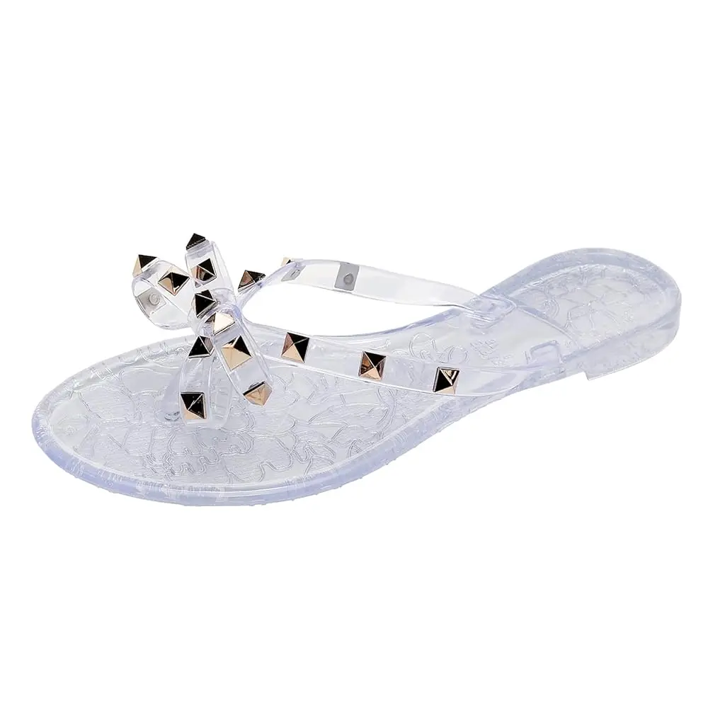 

Женские шлепанцы-желе с заклепками и бантом, черные летние пляжные сандалии на плоской подошве, с ремешками, без застежек