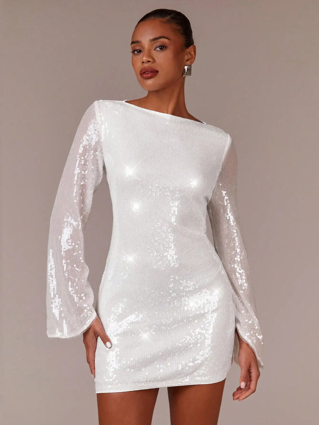 

Women's Ivory Sequin Mini Dress with Flared Sheer Sleeves, Boat Neck & Body-Skimming Fit