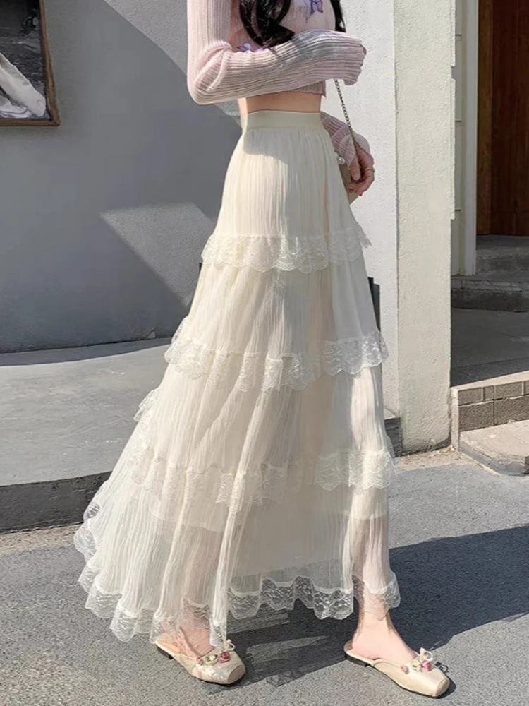 Gonna torta bianca Elegante dolce lungo oversize 2025 Estate Nuovo abito a mezza lunghezza a strati di pizzo a vita alta elastico a trapezio femminile