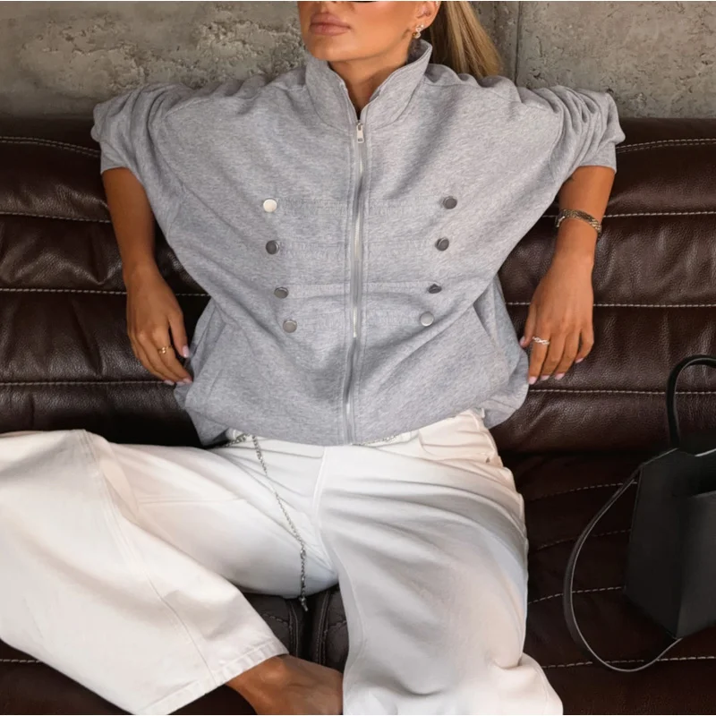 QICHE Women 2026 Autumn European‑Style Lazy‑Vibe Stand‑Collar Sweatshirt Jacket Zip‑Button Decor Loose Drop‑Shoulder Long‑Sleeve
