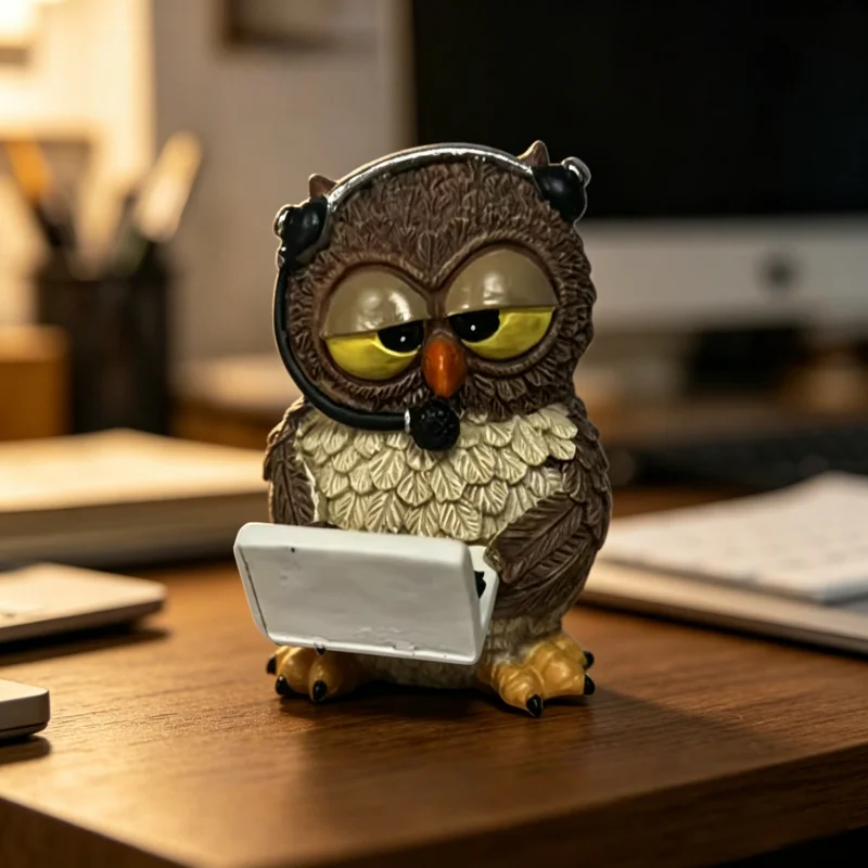 Resin Owl Figurine with Headset & Laptop, Cute Working Owl Statue for Home Decor