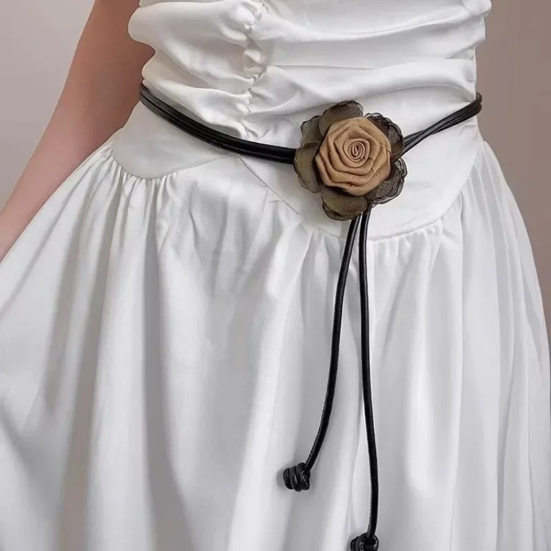 Gentle and Elegant Floral-Patterned Leather Cord Slim Belt for Dresses Versatile Soft and Knot-Style Women’s Dress Belt