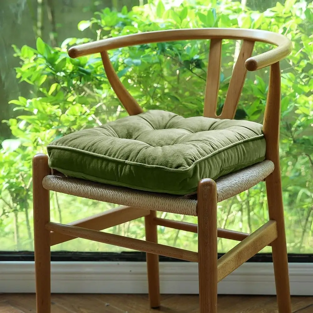 Velvet Chair Pads with Ties Comy Solid Seat Cushion Dining Chairs, Office Chairs, Hardwood (Grass Green, 16x16)