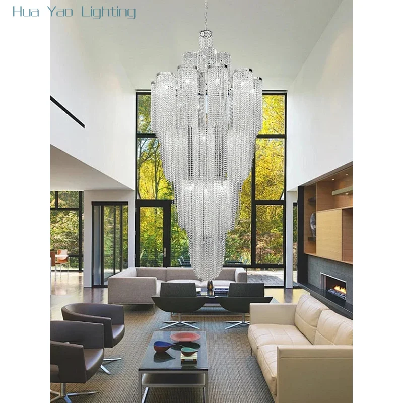 Creative Design Waterfall Crystal Pendant Light Large Hanging Lamp Silver Gold Lampa for Villa Duplex High Ceiling