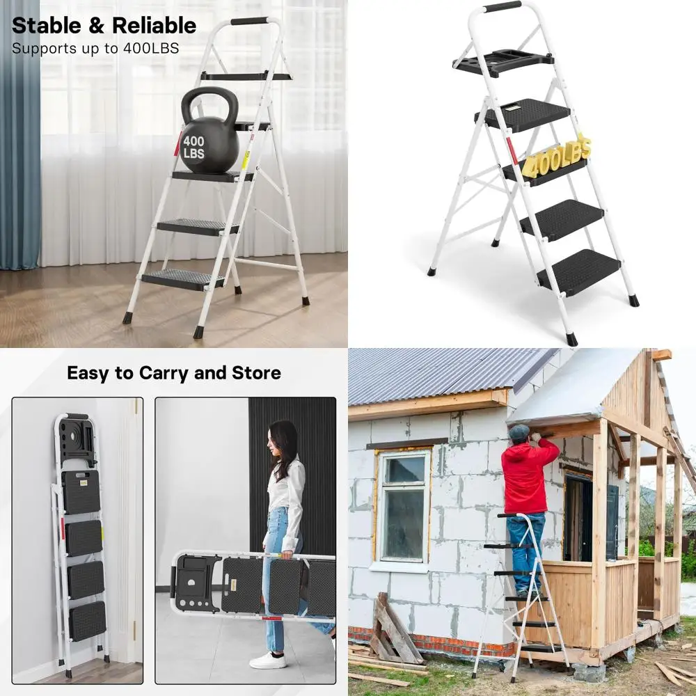 

Portable Folding Ladder with Tool Tray, 400lb Load Capacity, Anti-Slip Treads, Lightweight Steel Ladder for Home and Work, White
