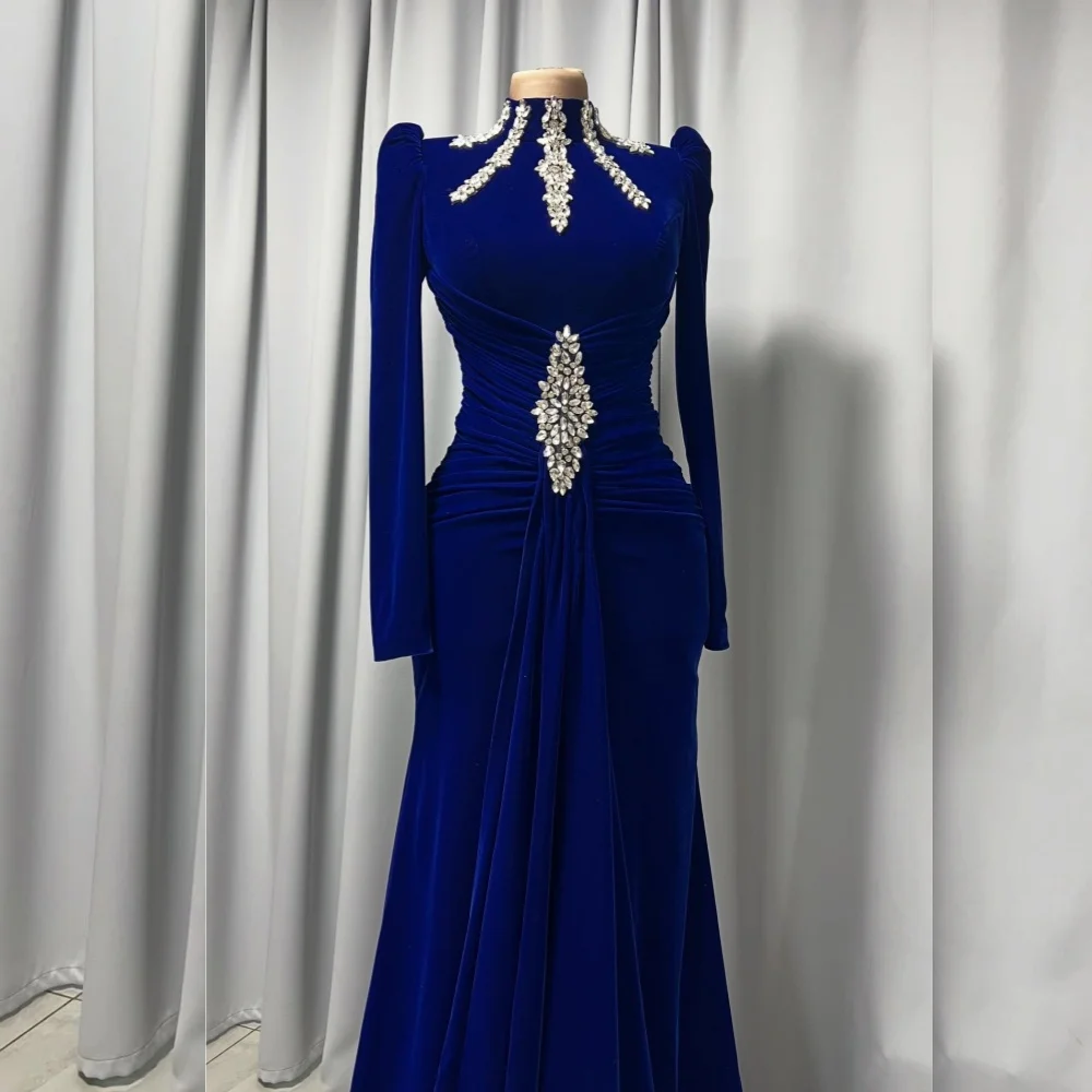 

Customized Jersey Rhinestone Pleat High Collar Trumpet Floor-length Bespoke Occasion Evening Dresses Classic Exquisite Formal
