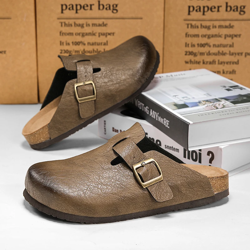 Comfort Classic Unisex Cork Leather Slippers Closed Toe Backless Sandals with Adjustable Buckle Slip-on Health Footbed Slides