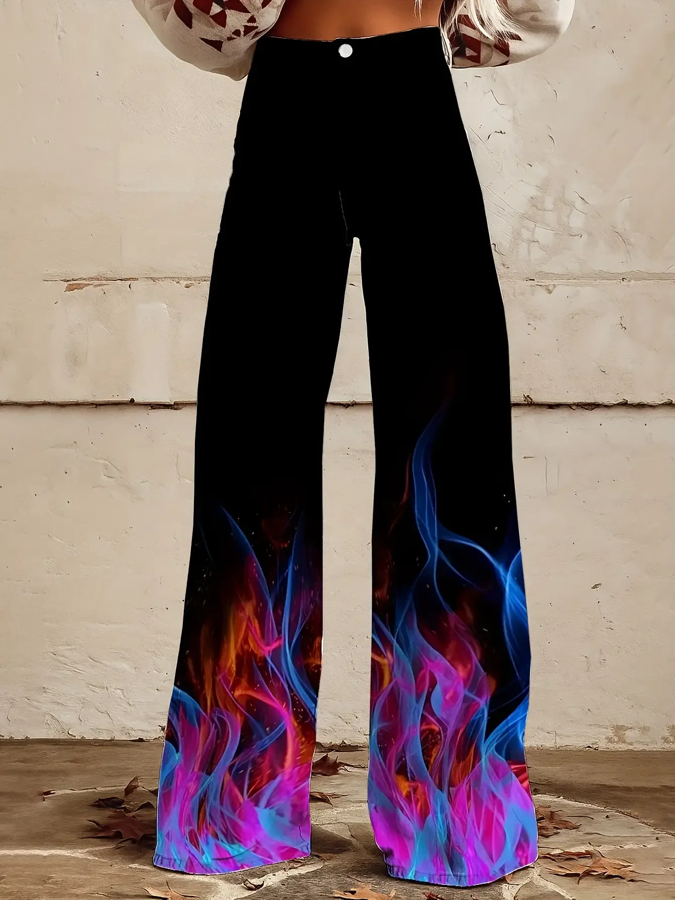 

2026Women's printed geometric pattern wide leg imitation jeans, Imitation denim durable texture fabric,