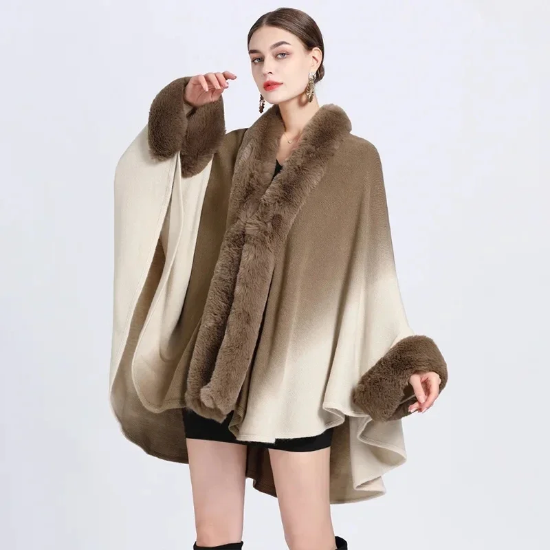 

Autumn Winter New Imitation Otter Rabbit Fur Collar Hanging Dyed Capes Women Knit Poncho Lady Capes Khaki Cloak