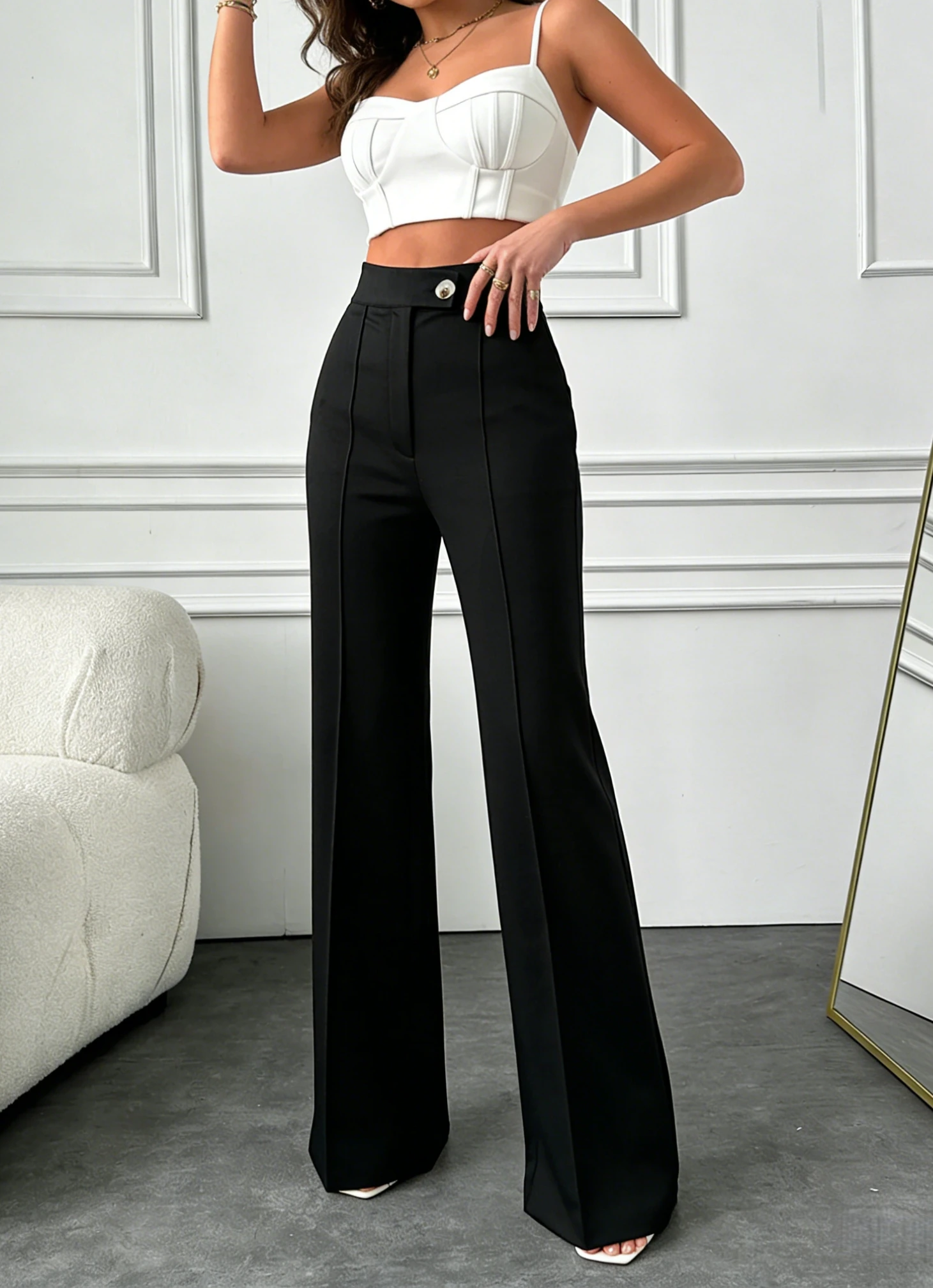 Women's Black Straight-leg Pants High Waist Seam Front Button Closure Spring Summer Office Casual Commuting Fashion Trousers