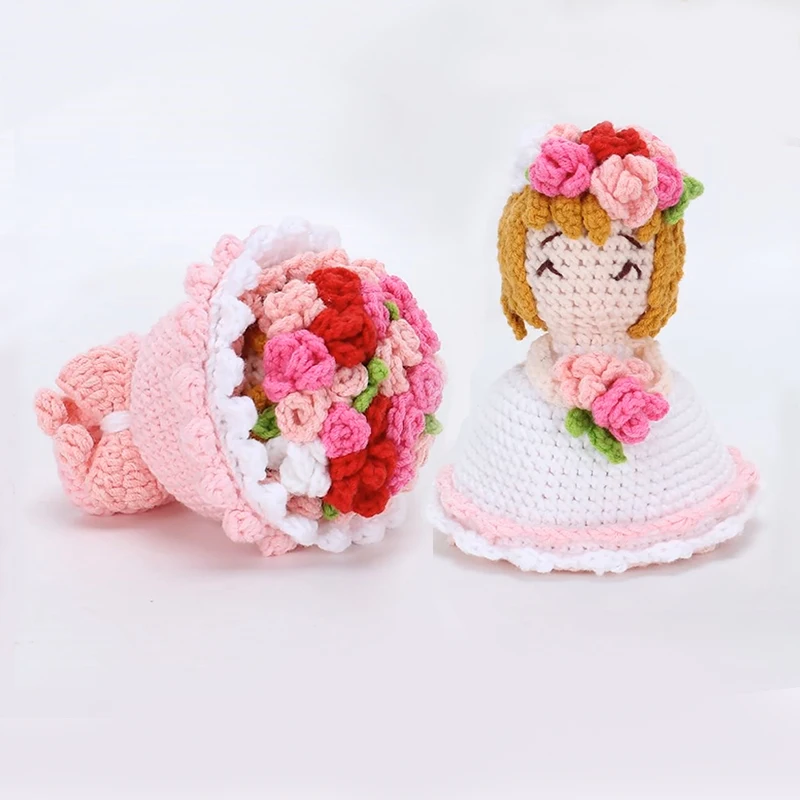 

Handmade Knitted Bride Doll DIY Keychain Knitted Rose Bouquet Plush Pendant Lovely for Girls Surprise Gift Finished