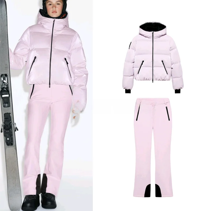 

Теплая лыжная хлопковая куртка с капюшоном, длинные брюки с воротником-стойкой, длинные брюки с высокой талией, женский модный зимний комплект из двух предметов